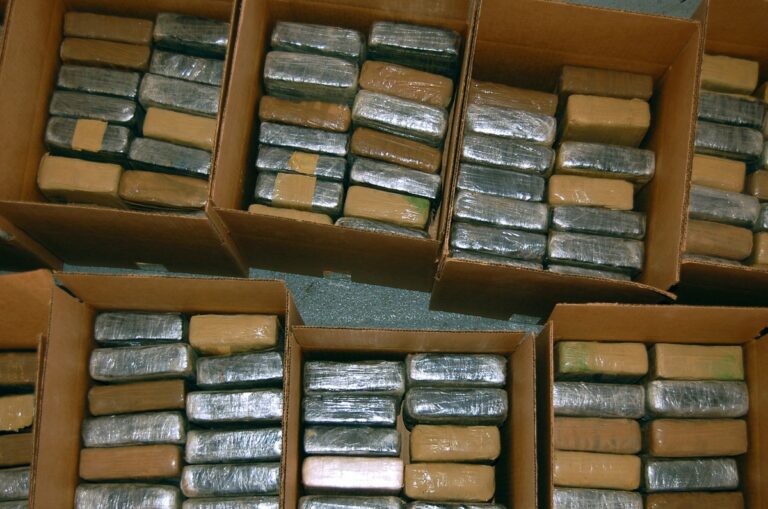 Boxes of seized narcotics awaiting inventory as evidence following a federal drug bust
