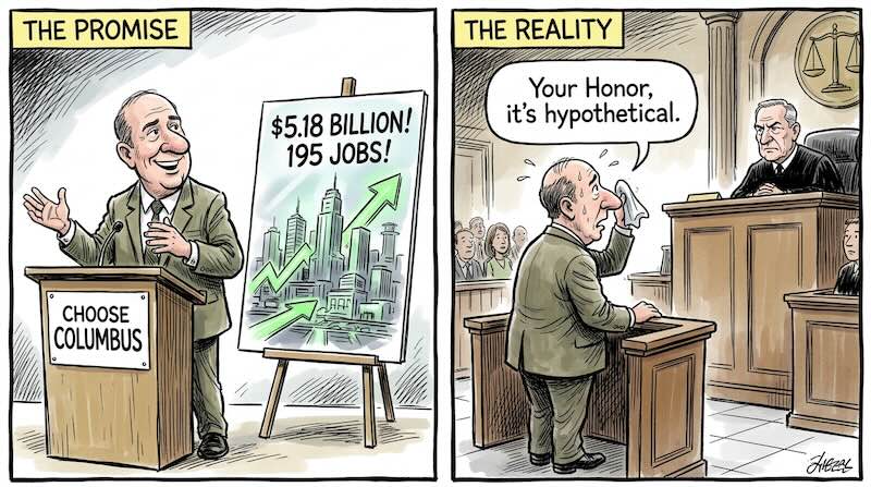 Two-panel cartoon. Left panel, labeled The Promise: a smiling official at a Choose Columbus lectern gestures at a chart reading "$5.18 billion! 195 jobs!" above a rising arrow and a skyline. Right panel, labeled The Reality: the same man, sweating and mopping his brow at a courtroom lectern before a judge, says "Your Honor, it's hypothetical."