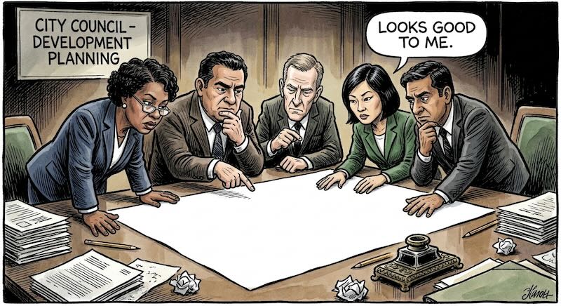 Cartoon. Five council members lean over a large sheet of paper spread across a conference table, studying it intently. The paper is completely blank. A sign on the wall reads City Council, Development Planning. One member says, "Looks good to me."