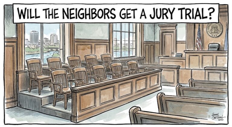 Illustration of an empty courtroom jury box with twelve wooden chairs, a judge's bench and a Georgia state seal in the background, and a city skyline and river through the windows. Headline: "Will the Neighbors Get a Jury Trial?"