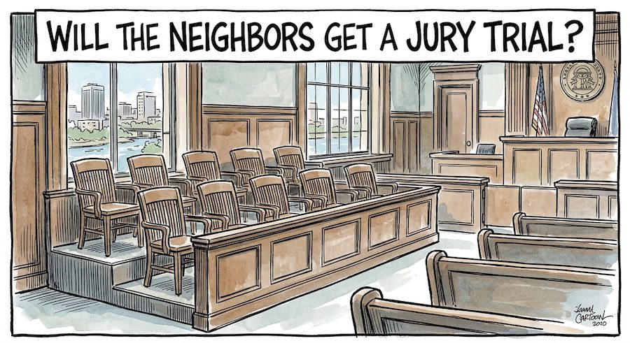 Illustration of an empty courtroom jury box with twelve wooden chairs, a judge's bench and a Georgia state seal in the background, and a city skyline and river through the windows. Headline: "Will the Neighbors Get a Jury Trial?"