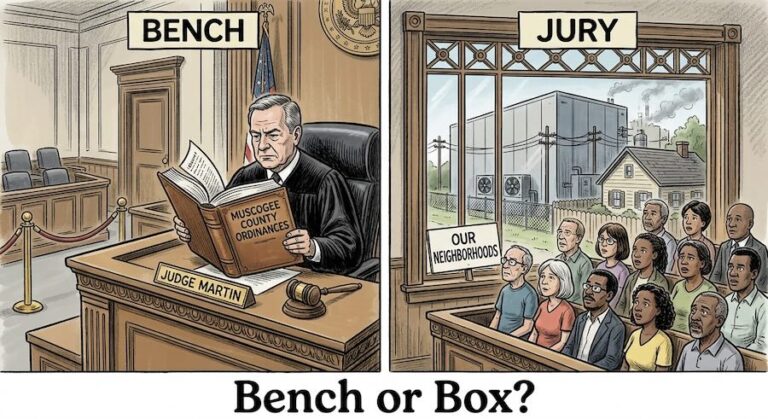 Two-panel cartoon titled "Bench or Box?" Left panel, "Bench": a judge with a nameplate reading "Judge Martin" studies a thick book titled "Muscogee County Ordinances." Right panel, "Jury": a jury box filled with diverse residents, beside a window showing a large data center looming over small houses, with a sign reading "Our Neighborhoods."