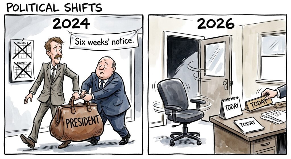 Two-panel cartoon headed Political Shifts. Left panel, labeled 2024: two men in suits carry an oversized bag marked PRESIDENT between them, both hands on the handle, under a banner reading "Six weeks' notice" and a wall calendar with two months crossed off. Right panel, labeled 2026: the same office empty, a chair still spinning, a door swinging shut, and a hand swapping the desk nameplate while every calendar page reads TODAY.