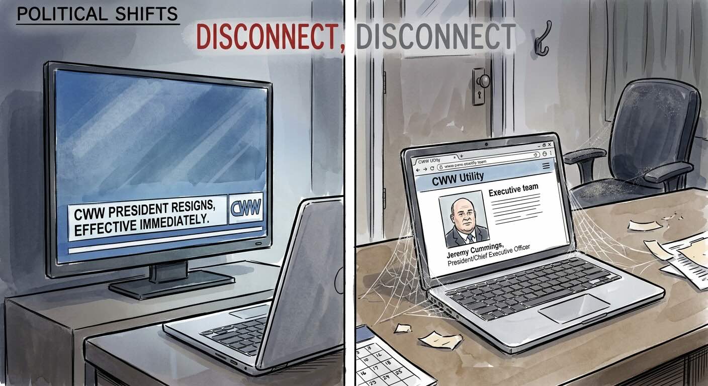 Two-panel cartoon headed Political Shifts, captioned "Disconnect, Disconnect." Left panel: a television showing a news chyron reading "CWW President resigns, effective immediately," beside the CWW logo. Right panel: the same desk later, an empty office chair pushed back, and a laptop draped in cobwebs whose screen still shows the Columbus Water Works executive team page with a photograph of Jeremy Cummings labeled President/Chief Executive Officer.