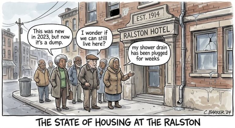 A group of tenants standing in front of the Ralston Hotel. - This was new in 2023, but now it's a dump. - I wonder if we can still live here. - My shower drain has been plugged for weeks.