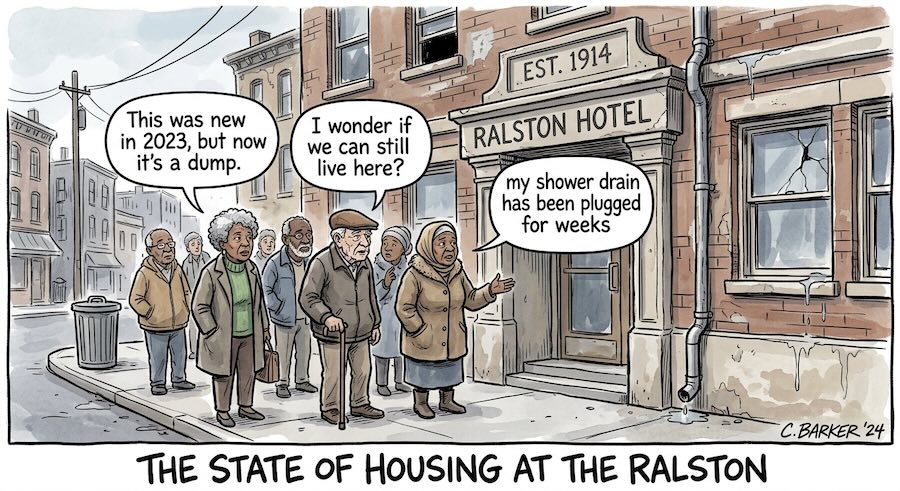 A group of tenants standing in front of the Ralston Hotel. - This was new in 2023, but now it's a dump. - I wonder if we can still live here. - My shower drain has been plugged for weeks.