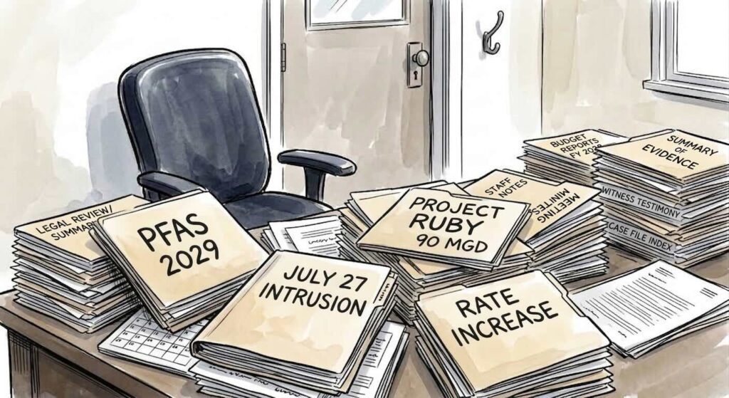 Empty chair with a desk of file folders in front of it. PFAS 2029, July 27 Intrusion, Project Ruby, Rate Increase, etc.