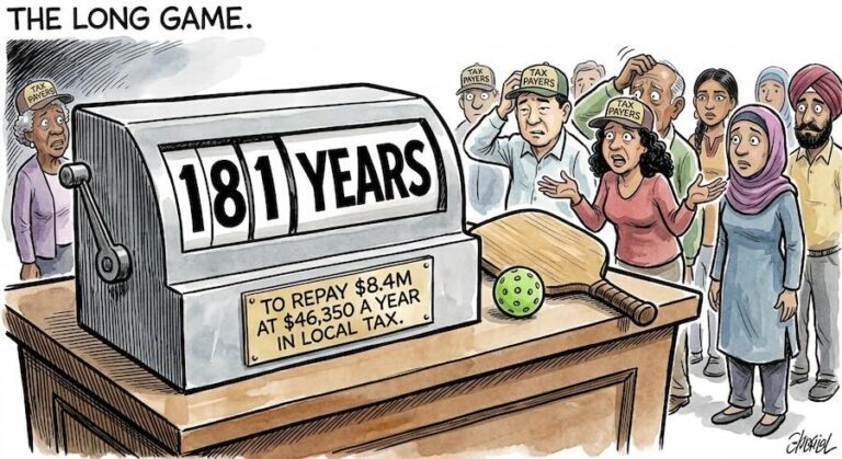 Editorial cartoon: worried taxpayers stare at a counter reading 181 years, with a plaque saying "to repay $8.4M at $46,350 a year in local tax," beside a pickleball paddle and ball.