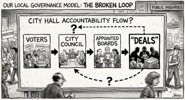 Cartoon titled 'City Hall Accountability Flow?' showing arrows from voters to City Council to appointed boards to 'deals,' with a dashed line marked with question marks looping back.