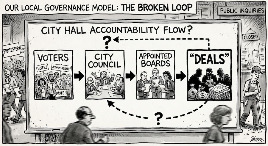 Cartoon titled 'City Hall Accountability Flow?' showing arrows from voters to City Council to appointed boards to 'deals,' with a dashed line marked with question marks looping back.