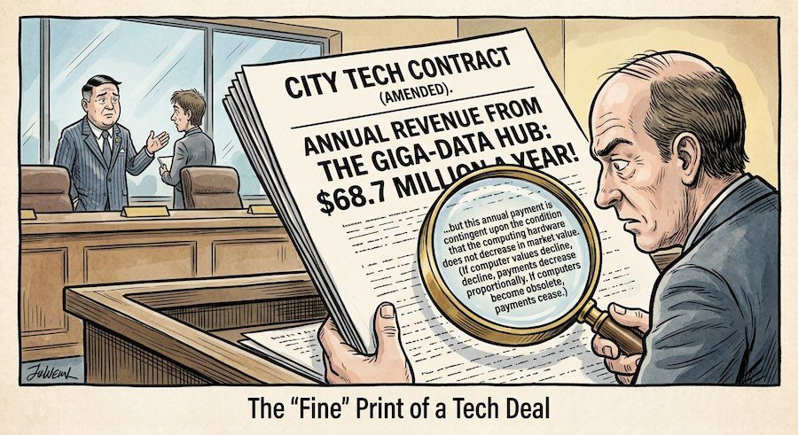 Editorial cartoon of an official examining an amended "City Tech Contract" promising "Annual revenue from the Giga-Data Hub: $68.7 million a year!" His magnifying glass reveals the fine print: the payment is contingent on the computing hardware not losing market value, and payments decline as the computers do and stop when they become obsolete. Caption: "The 'Fine' Print of a Tech Deal."