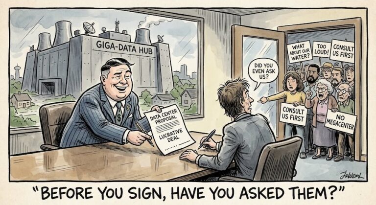 Editorial cartoon. A smiling developer in a pinstripe suit slides a document labeled "Data Center Proposal – Lucrative Deal" across a desk to a city official holding a pen. Through the window behind them stands a massive building labeled "Giga-Data Hub." In the open doorway, a crowd of residents holds signs reading "What about our water?", "Too loud!", "Consult us first" and "No megacenter," and one asks, "Did you even ask us?" Caption: "Before you sign, have you asked them?"