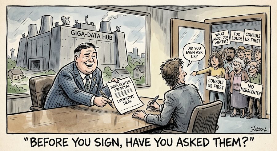Editorial cartoon. A smiling developer in a pinstripe suit slides a document labeled "Data Center Proposal – Lucrative Deal" across a desk to a city official holding a pen. Through the window behind them stands a massive building labeled "Giga-Data Hub." In the open doorway, a crowd of residents holds signs reading "What about our water?", "Too loud!", "Consult us first" and "No megacenter," and one asks, "Did you even ask us?" Caption: "Before you sign, have you asked them?"