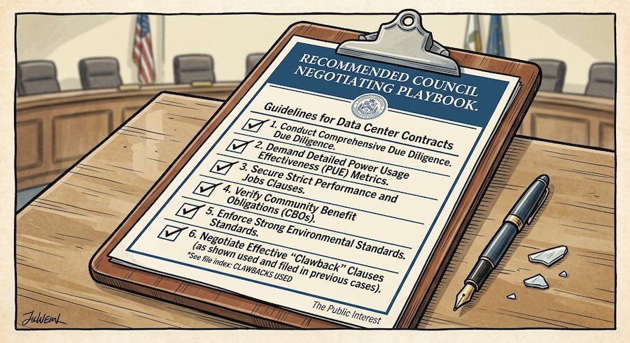 Illustration of a clipboard on a council chamber desk titled "Recommended Council Negotiating Playbook: Guidelines for Data Center Contracts," with six checked items: conduct comprehensive due diligence; demand detailed Power Usage Effectiveness (PUE) metrics; secure strict performance and jobs clauses; verify community benefit obligations (CBOs); enforce strong environmental standards; negotiate effective "clawback" clauses. A fountain pen lies beside it.