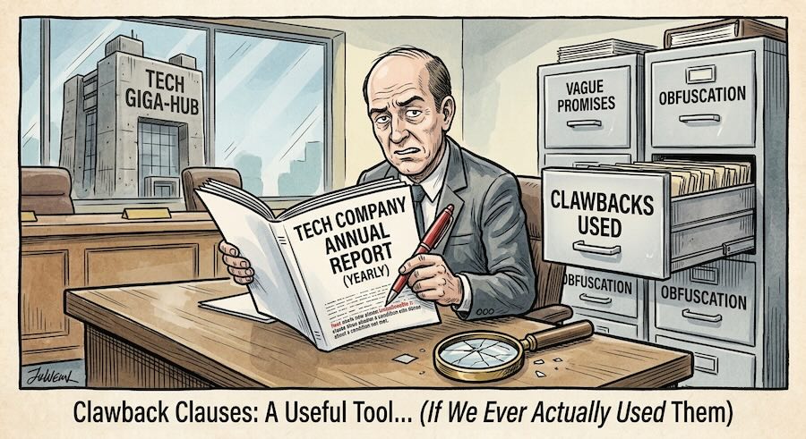 Editorial cartoon of a weary official at a desk reading a "Tech Company Annual Report," with a "Tech Giga-Hub" visible through the window. Behind him, filing-cabinet drawers are labeled "Vague Promises," "Obfuscation," and an open, empty drawer marked "Clawbacks Used." Caption: "Clawback Clauses: A Useful Tool… (If We Ever Actually Used Them)."