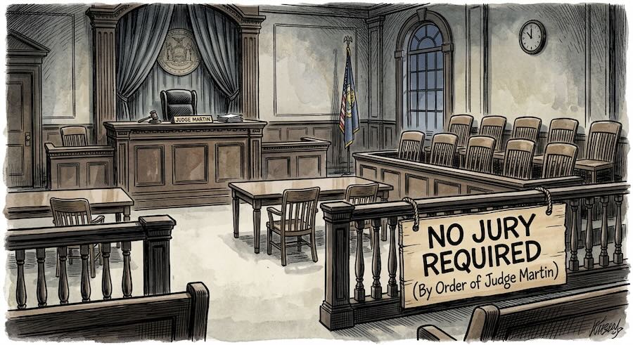Illustration of an empty courtroom jury box with a sign reading "No Jury Required (By Order of Judge Martin)"