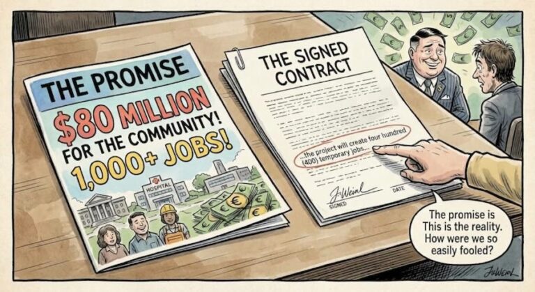 Editorial cartoon of two documents on a table. On the left, a glossy brochure titled "The Promise" reads "$80 million for the community! 1,000+ jobs!" On the right, "The Signed Contract," where a pointing finger highlights the line "the project will create four hundred (400) temporary jobs." Behind it, a developer smiles amid floating cash while a worried official looks on. A speech bubble says, "The promise is… This is the reality. How were we so easily fooled?"